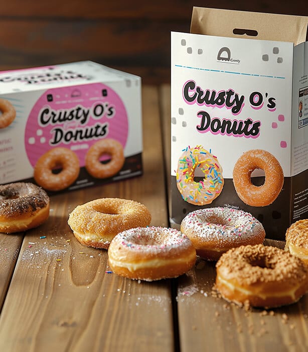 Midjourney Prompts Crusty O's Donuts Product Packaging Example
