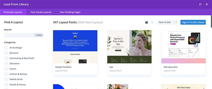 Screenshot of Divi Layouts page for Build your own website article 
