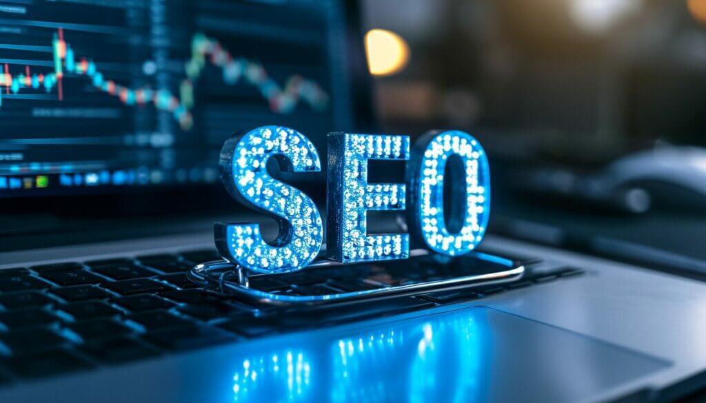 Seattle Digital Marketing Services image featuring a Blue Bedazzled SEO sign sitting on a laptop keyboard