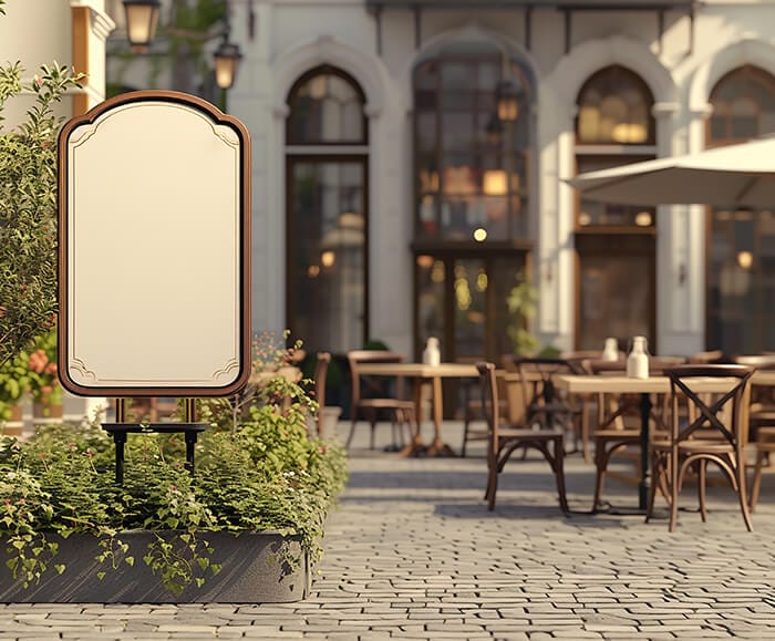 Mockup of a restaurant sign in a townes square using midjourney v6 prompts