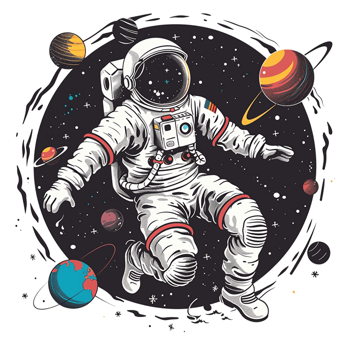 Space image of astronaut surrounded by planets
